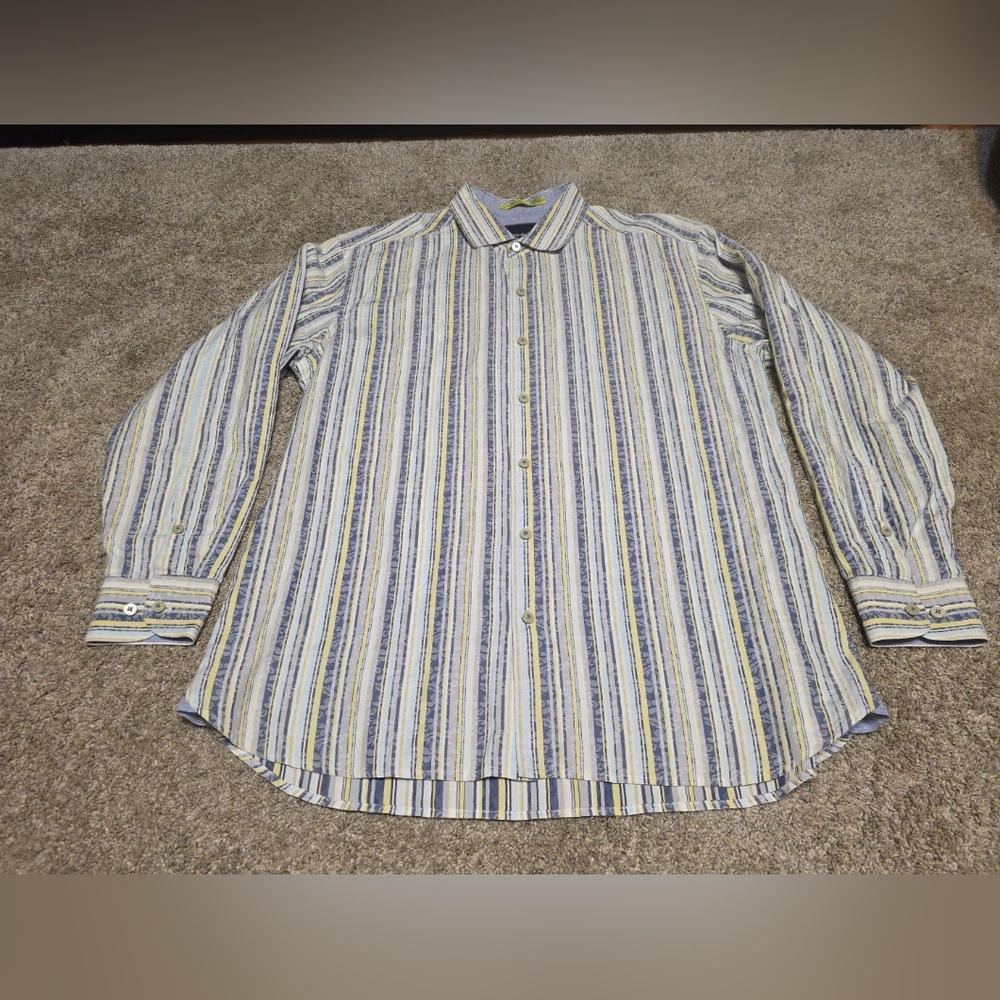 Tommy Bahama Shirt Mens Large Blue Yellow Striped Long Sleeve Button Up Floral